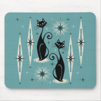 Mid Century Meow Retro Atomic Cats on Blue Mouse Pad