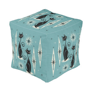 Mid Century Meow Retro Atomic Cats On Blue Pouf