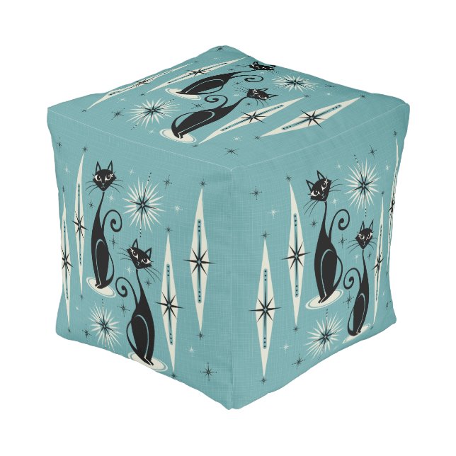 Mid Century Meow Retro Atomic Cats On Blue Pouf (Angled Front)