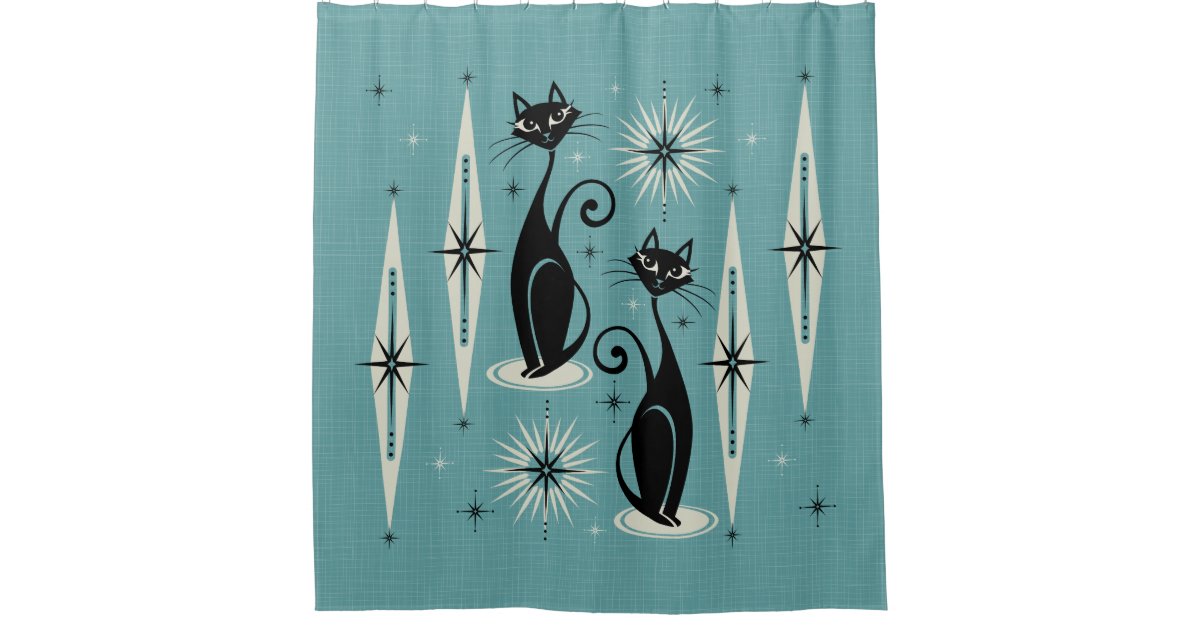 Mid Century Meow Retro Atomic Cats on Blue Shower Curtain | Zazzle.com