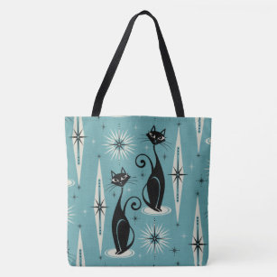 Mid Century Meow Retro Atomic Cats on Blue Tote Bag