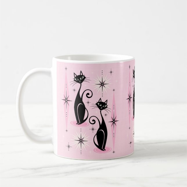 Mid Century Meow Retro Atomic Cats on Cool Pink Coffee Mug (Left)