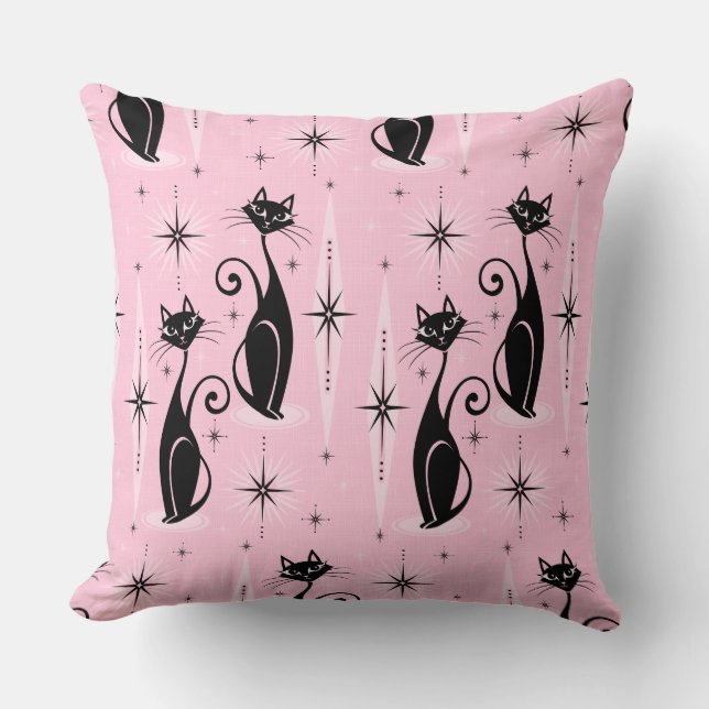 Mid Century Meow Retro Atomic Cats on Cool Pink Throw Pillow (Front)