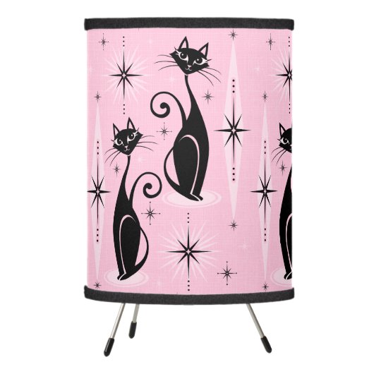 Mid Century Meow Retro Atomic Cats on Cool Pink Tripod Lamp (Left)