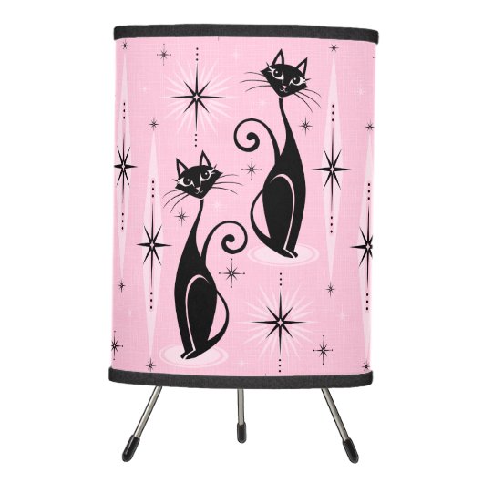 Mid Century Meow Retro Atomic Cats on Cool Pink Tripod Lamp (Front)