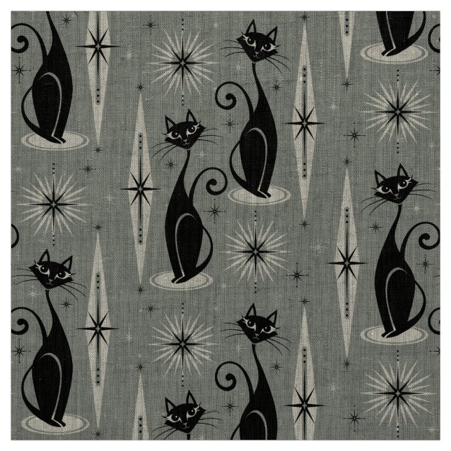 Mid Century Meow Retro Atomic Cats on Gray Fabric (Swatch)