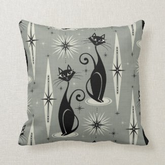 Mid Century Meow Retro Atomic Cats on Gray Throw Pillow