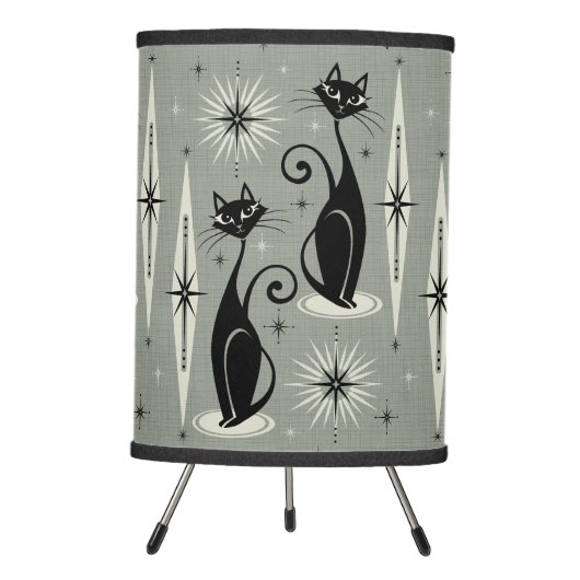 Mid Century Meow Retro Atomic Cats on Gray Tripod Lamp (Front)