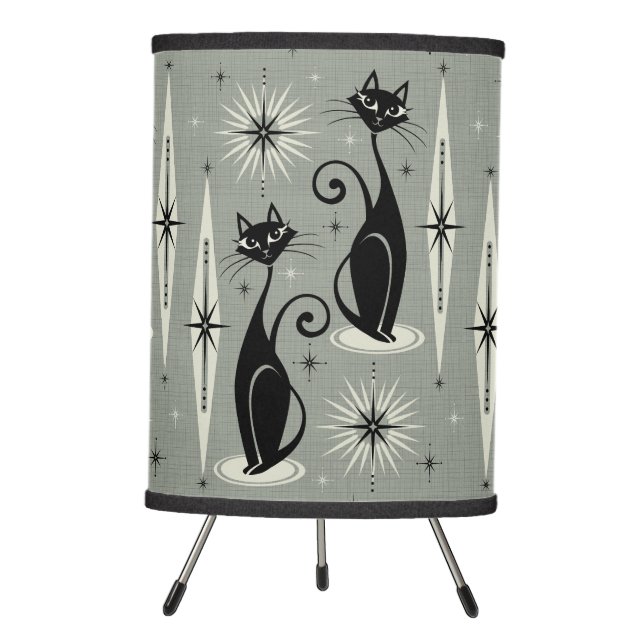 Mid Century Meow Retro Atomic Cats on Gray Tripod Lamp (Front)