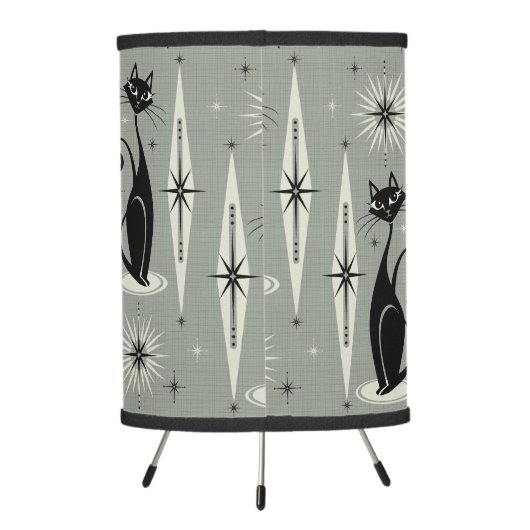 Mid Century Meow Retro Atomic Cats on Gray Tripod Lamp (Back)