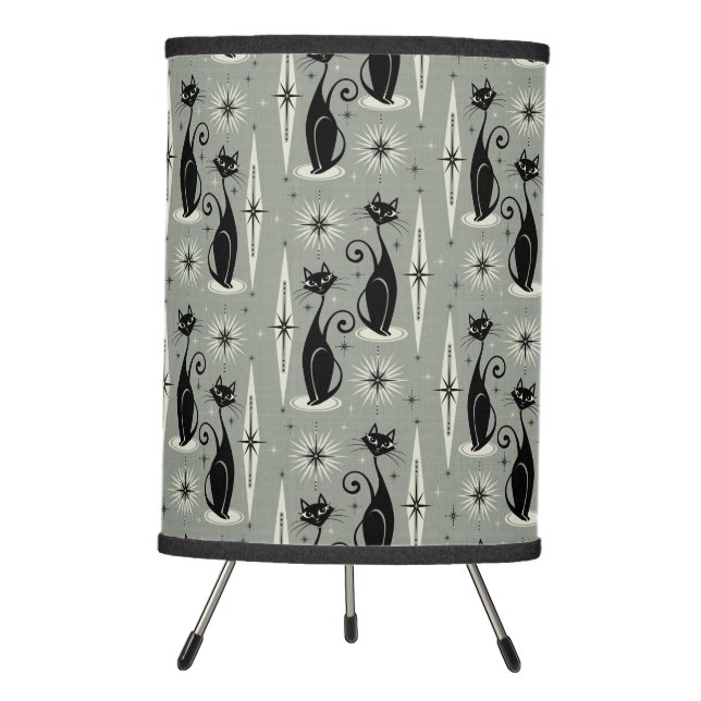 Mid Century Meow Retro Atomic Cats on Gray Tripod Lamp (Front)