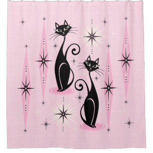 Mid Century Meow Retro Atomic Cats on Lt Cool Pink Shower Curtain