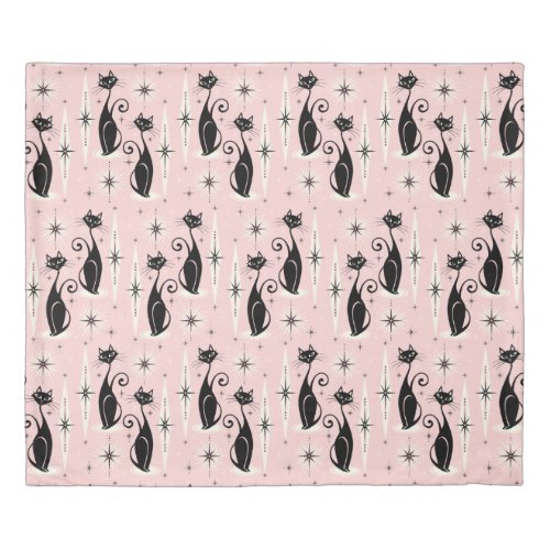 Mid Century Meow Retro Atomic Cats on Pink Duvet Cover