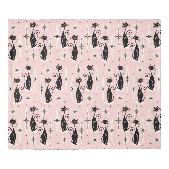 Mid Century Meow Retro Atomic Cats on Pink Duvet Cover (Front)