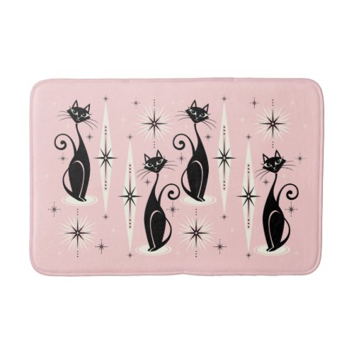 Mid Century Meow Retro Atomic Cats on Warm Pink Bath Mat