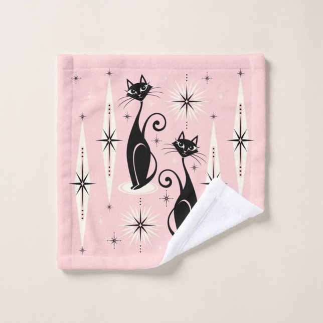 Mid Century Meow Retro Atomic Cats on Warm Pink Bath Towel Set (Wash Cloth)