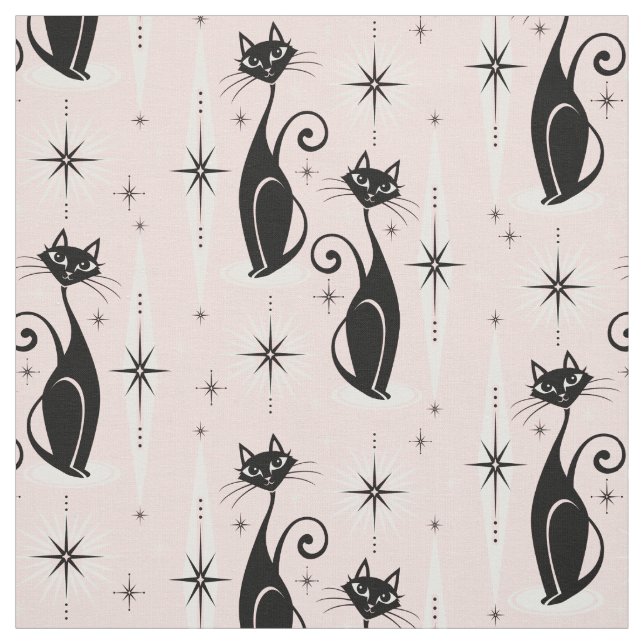 Mid Century Meow Retro Atomic Cats on Warm Pink Fabric (Swatch)