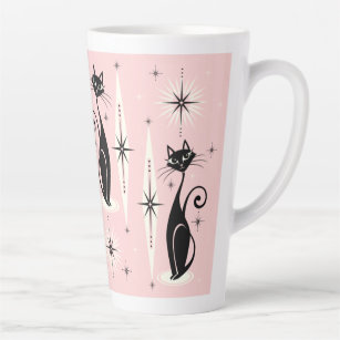 Mid Century Meow Retro Atomic Cats on Warm Pink Latte Mug