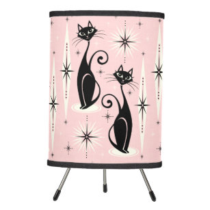 Mid Century Meow Retro Atomic Cats on Warm Pink Tripod Lamp