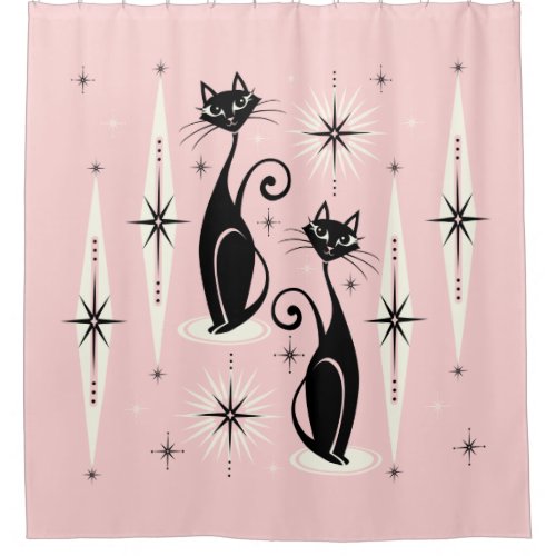 Mid Century Meow Retro Atomic Cats on Warml Pink Shower Curtain