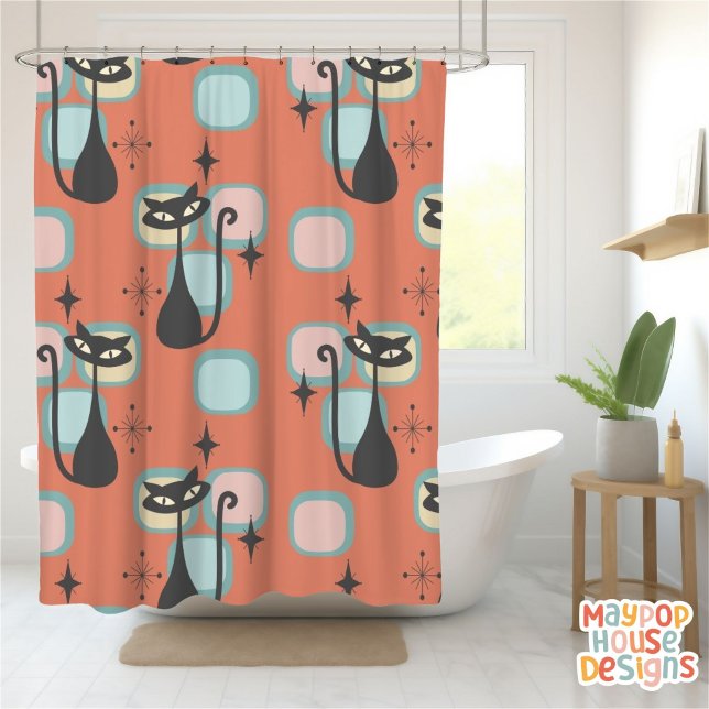 Mid Century Meow Retro Atomic Cats Pink Shower Curtain (mid century modern shower curtain bathroom decor)