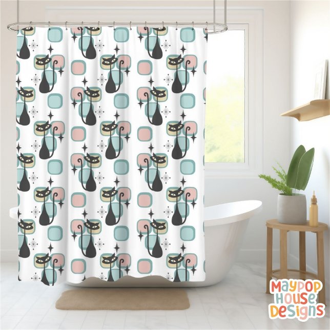 Mid Century Meow Retro Atomic Cats Pink Shower Curtain (mid century modern shower curtain bathroom decor)