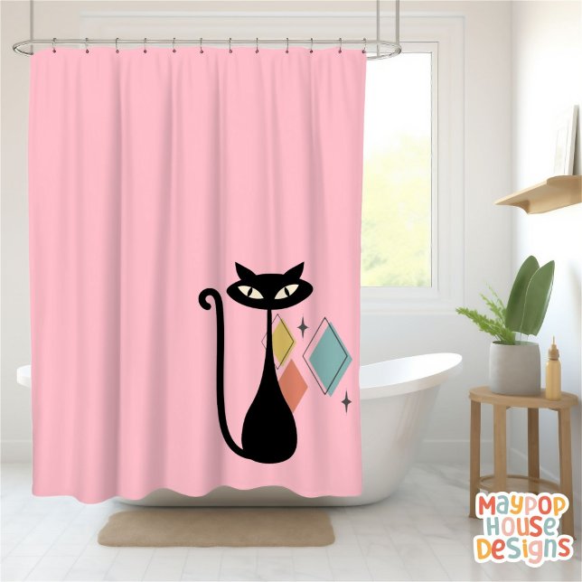 Mid Century Meow Retro Atomic Cats Pink Shower Curtain (mid century modern pink atomic cat shower curtain)