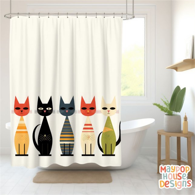 Mid Century Meow Retro Atomic Cats Pink Shower Curtain (Creator Uploaded)