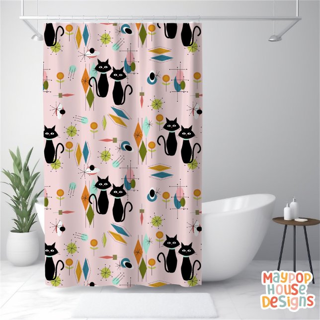 Mid Century Meow Retro Atomic Cats Pink Shower Curtain (atomic cat pink retro mid century modern shower curtain)