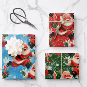 Mid-Century Merry: Vintage Running Santa Trio Wrapping Paper Sheets