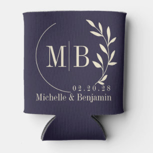 Mid-Century Midnight Ocean Leaf Wedding Monogram Can Cooler