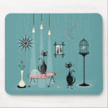 Mid Century Mischief / Cat Red-Handed II B Mouse Pad<br><div class="desc">My original vector illustration of a mid century inspired scene: Sometime after midnight,  the humans come home to find their cats helped themselves to the fishbowl and have their sights on the solitary pet bird.</div>