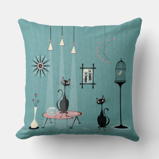 Mid Century Mischief / Cat Red-Handed  II B Throw Pillow (Front)