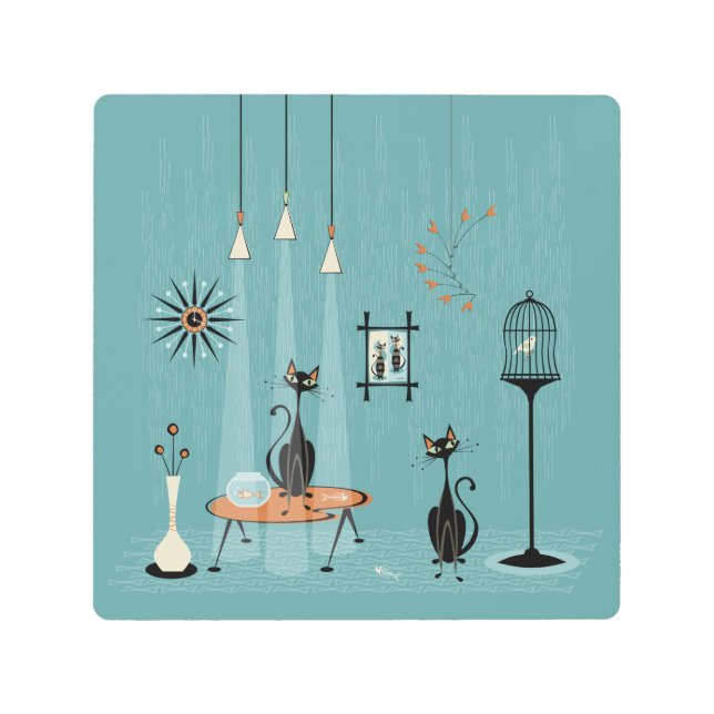Mid Century Mischief / Cat Red-Handed Metal Print (Front)