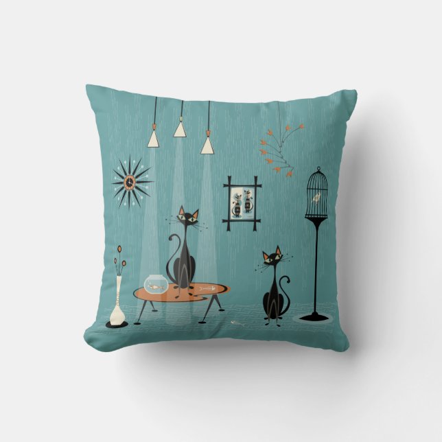 Mid Century Mischief / Cat Red-Handed Throw Pillow (Front)