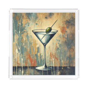 Mid Century Mixed Media Martini Art Acrylic Tray