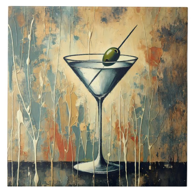 Mid Century Mixed Media Martini Art Ceramic Tile (Front)