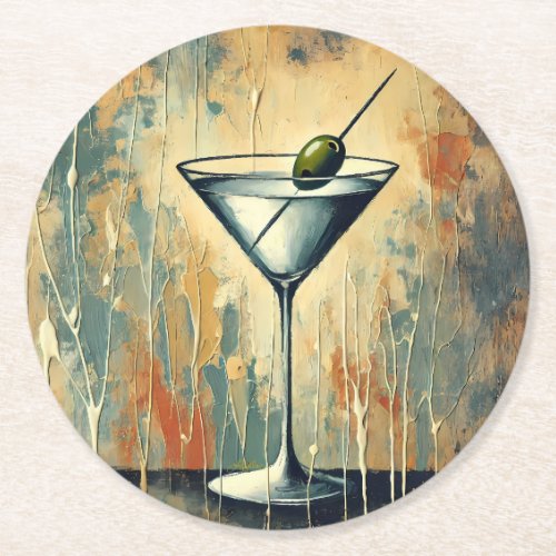 Mid Century Mixed Media Martini Art Round Paper Coaster