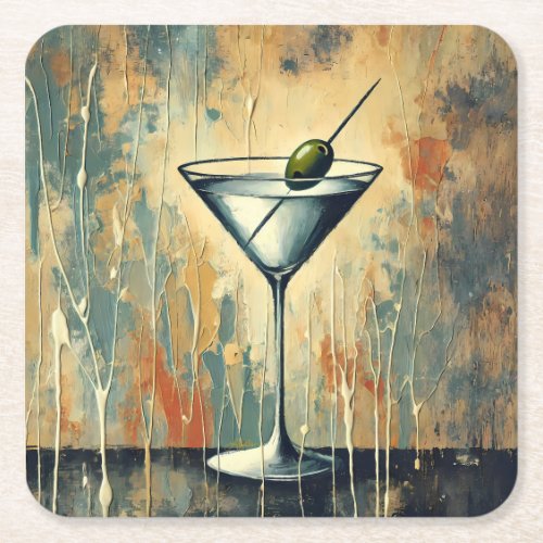 Mid Century Mixed Media Martini Art Square Paper Coaster