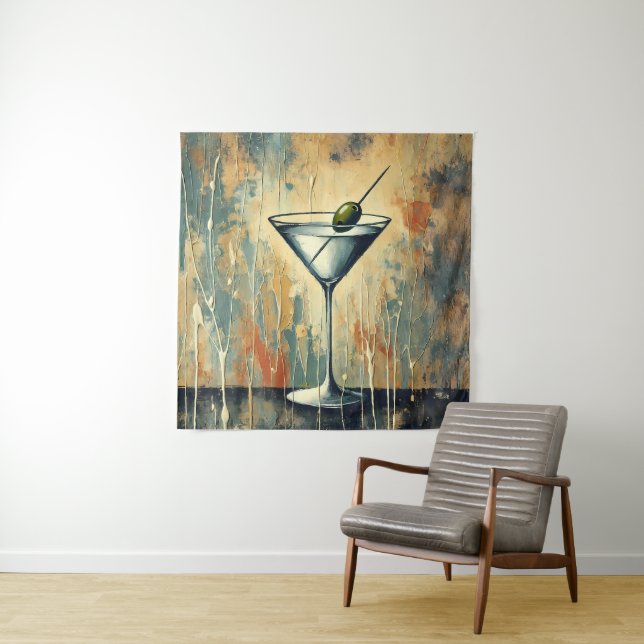 Mid Century Mixed Media Martini Art Tapestry (In Situ)