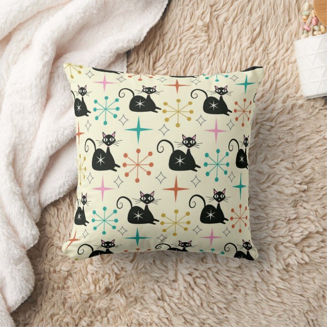 Mid Century Mod Atomic Cats with Retro Starbursts  Throw Pillow (Blanket)