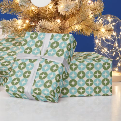Mid Century Mod Blue Sage Green Festive Geometric Wrapping Paper