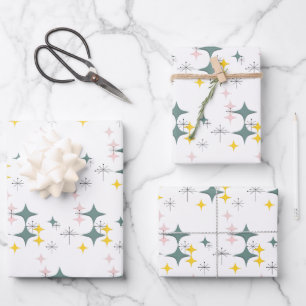 Mid Century Mod Diamonds Starbursts Pink Gold Teal Wrapping Paper Sheets