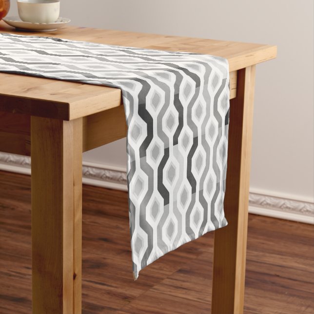 Mid Century Mod Geometric Pattern Grey Short Table Runner (In Situ)