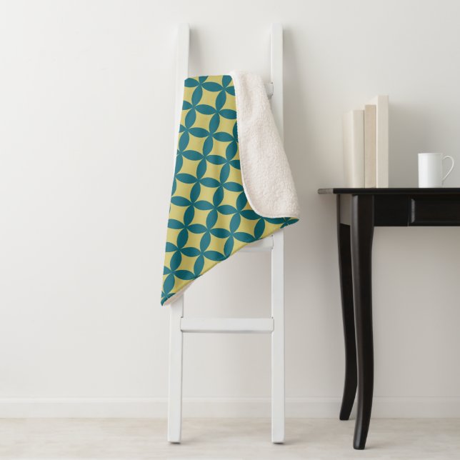 Mid-Century Mod Geometric Retro Modern Blue Green Sherpa Blanket (In Situ)