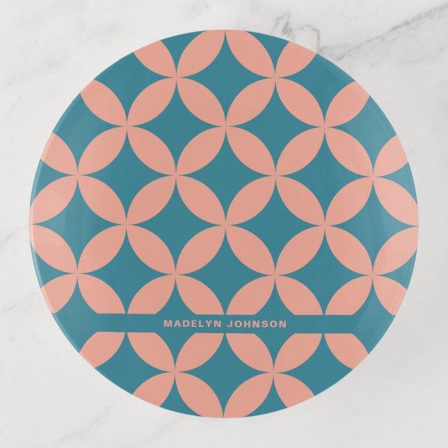 Mid-Century Mod Geometric Retro Modern Peach Blue Trinket Tray (Front)