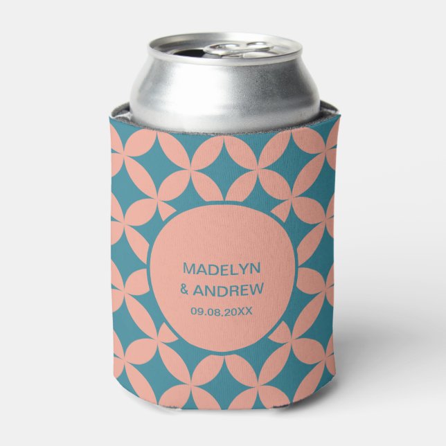 Mid-Century Mod Geometric Retro Wedding Teal Peach Can Cooler (Can Front)