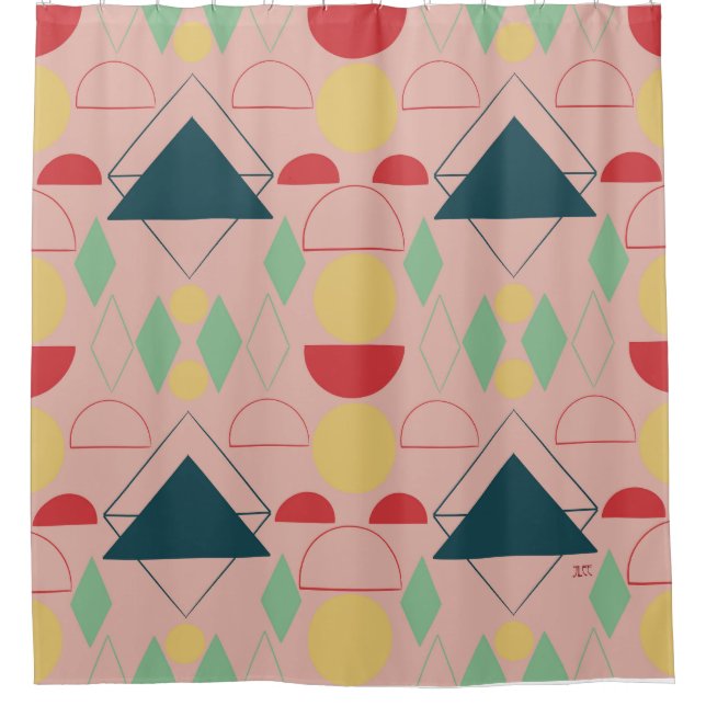 Mid Century Mod Pink Geometric  Shower Curtain (Front)