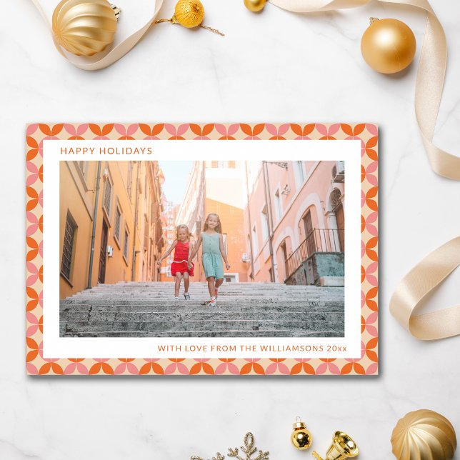 Mid Century Mod Pink Orange Unique Two Photo  Holiday Card (Creator Uploaded)