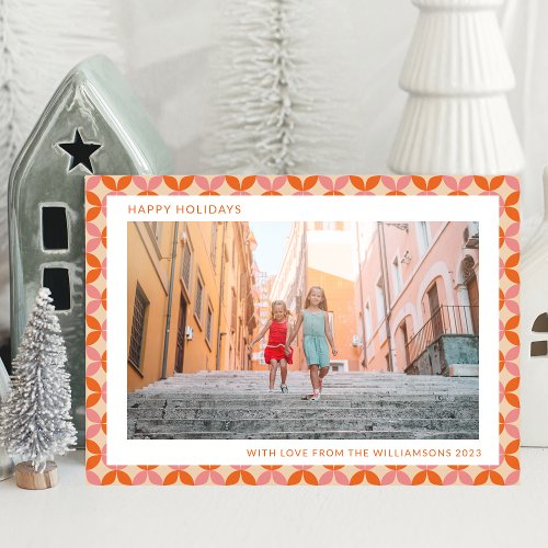 Mid Century Mod Pink Orange Unique Two Photo  Holiday Card